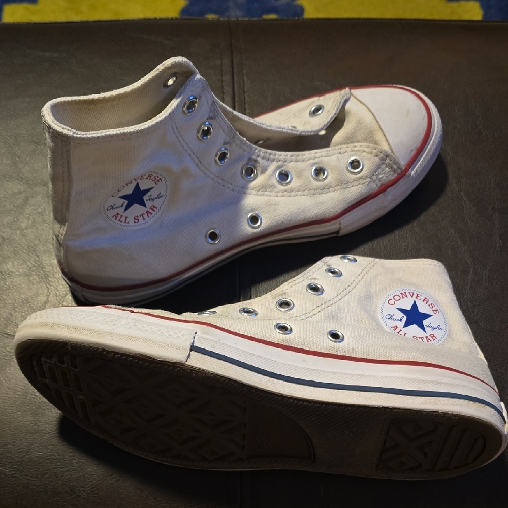Youth Size 3. Converse Off-White High-Tops with Red and Blue Accents